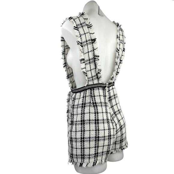 Pink & Flare Black White Tweed Plaid Check Pearl Button Romper Shorts Size S - Picture 2 of 5